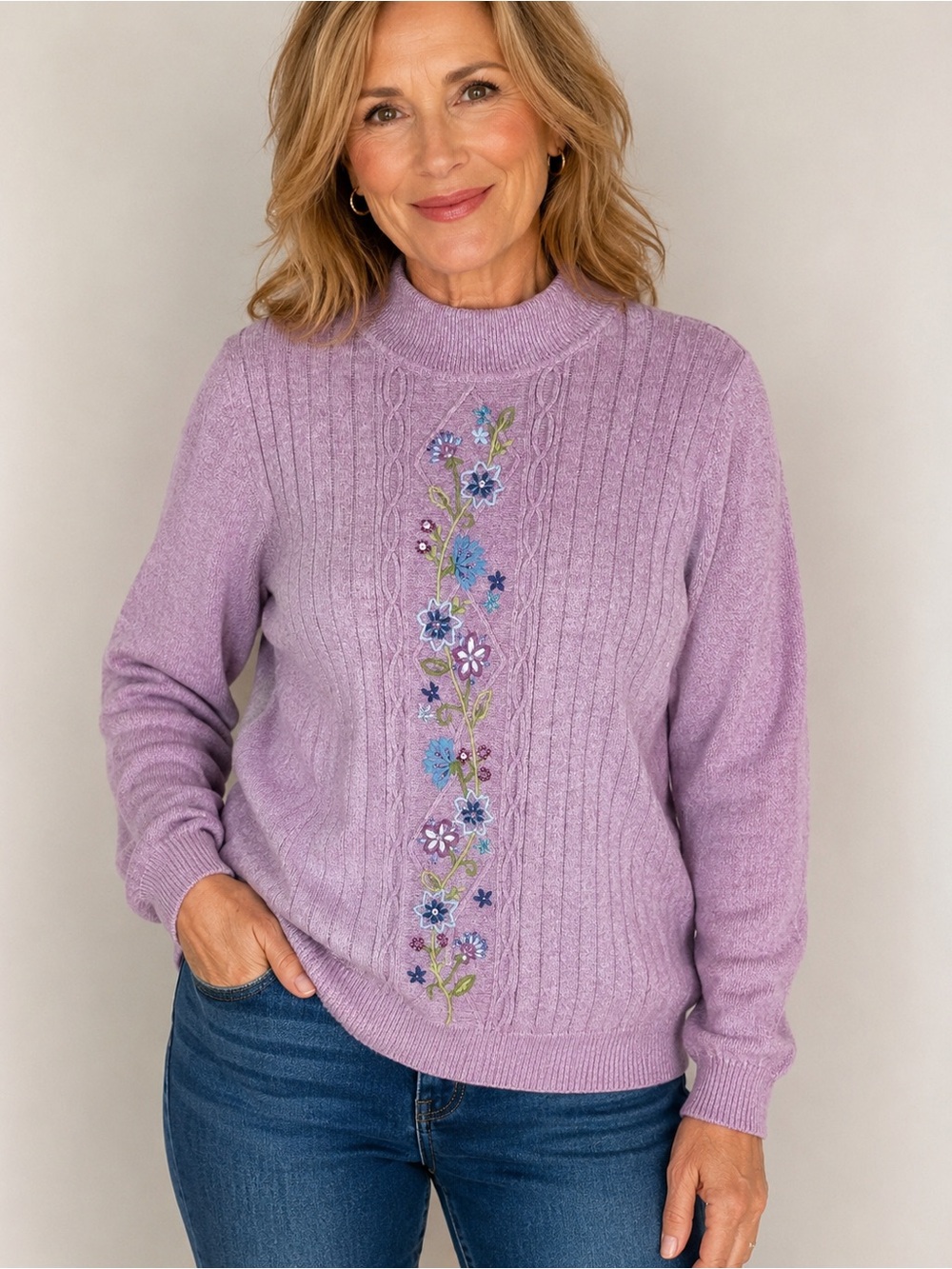 Alfred Dunner Embroidered Floral Mock Neck Sweater Pink Purple Ribbed Size Small